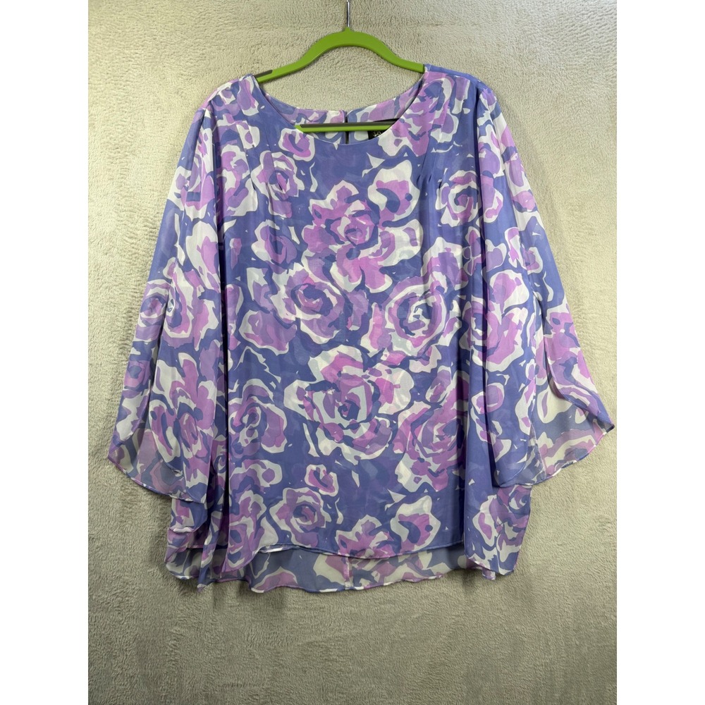 Bob Mackie Blouse Womens 1X Purple Floral Rose Chiffon Layered Tulip Sleeve Top
